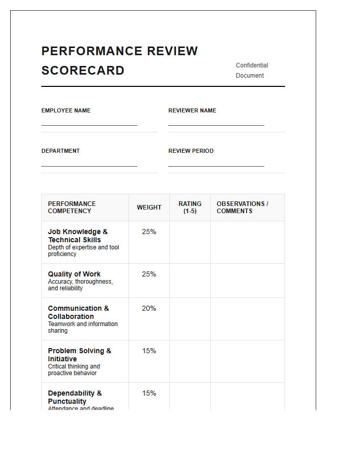 Formal Performance Review Scoring Chart Printable Document