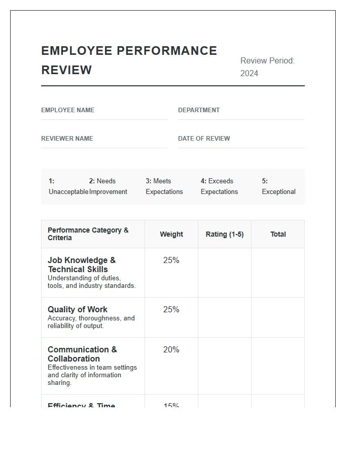 Printable Annual Employee Performance Review Scoring Chart