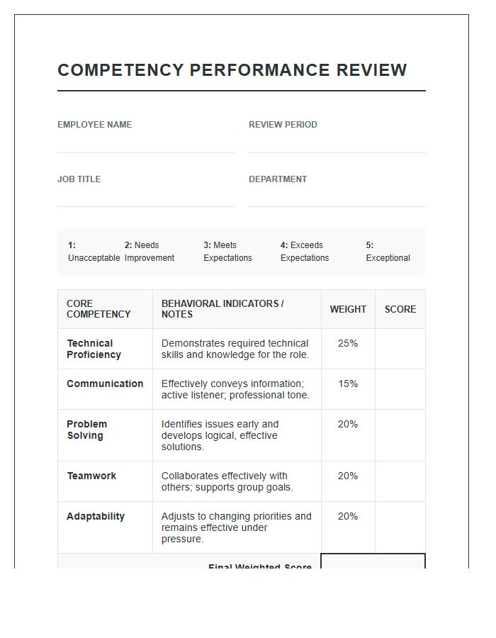 Printable Competency Based Performance Review Scoring Chart