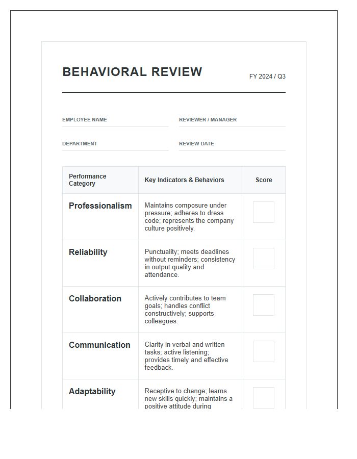 Printable Employee Behavior Review Scoring Chart