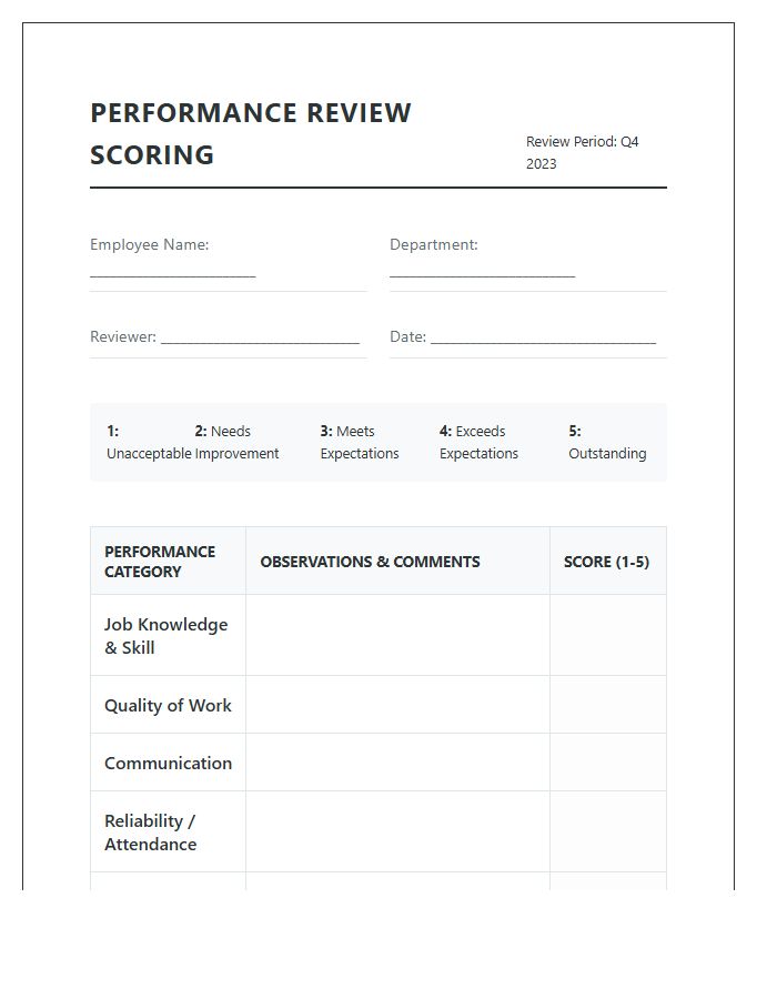 Printable Employee Performance Review Scoring Chart