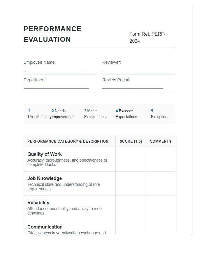 Standardized Printable Performance Evaluation Scoring Chart
