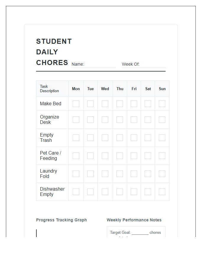 Printable Student Daily Chore Completion Data Graph Chart