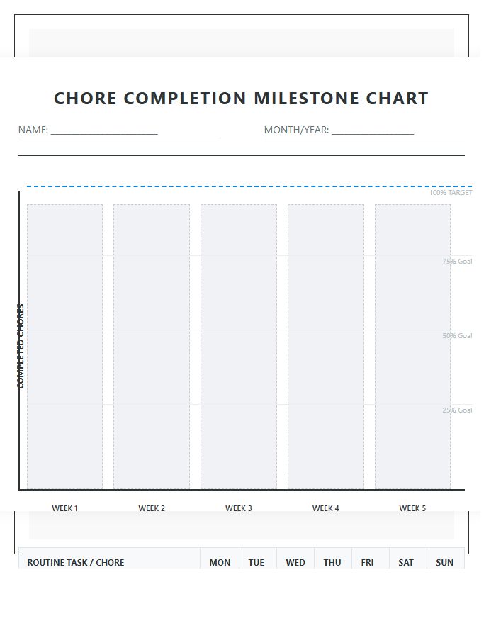 Printable Youth Chore Completion Milestone Progress Graph Chart