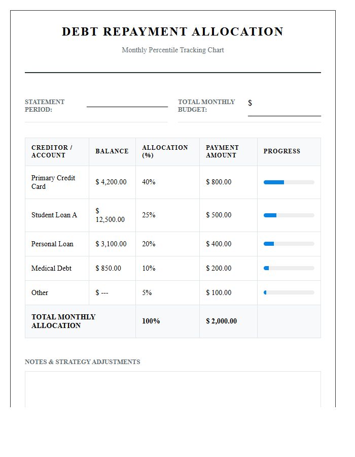 Debt Repayment Allocation Monthly Percentile Printable Chart