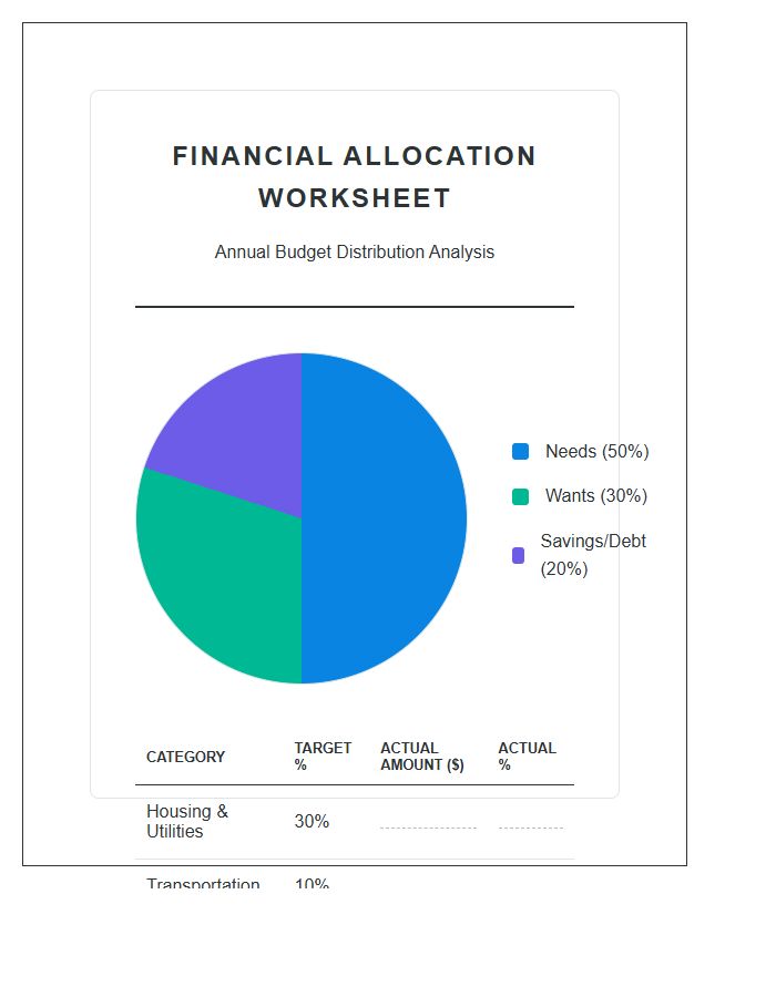 Personal Finance Allocation Printable Percentile Pie Chart