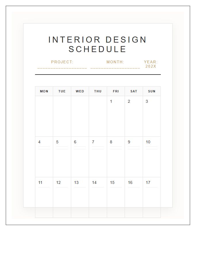 Chic Interior Design Calendar Printable Chart