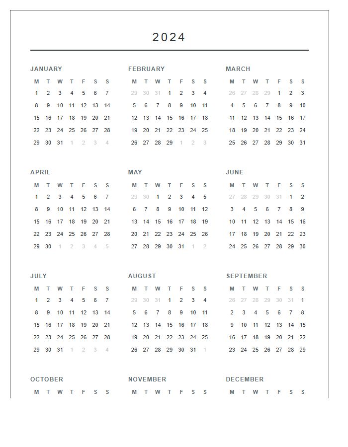 Clean Layout Annual Calendar Printable Chart
