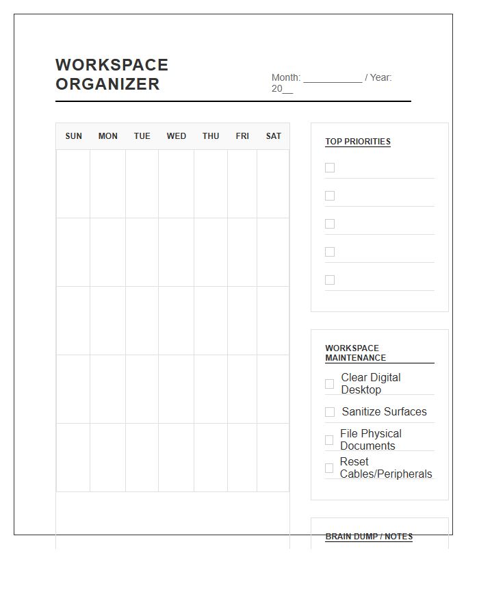 Functional Workspace Organizer Calendar Printable Chart