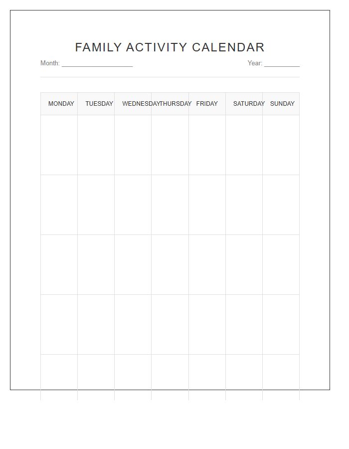 Minimalist Family Activity Calendar Printable Chart