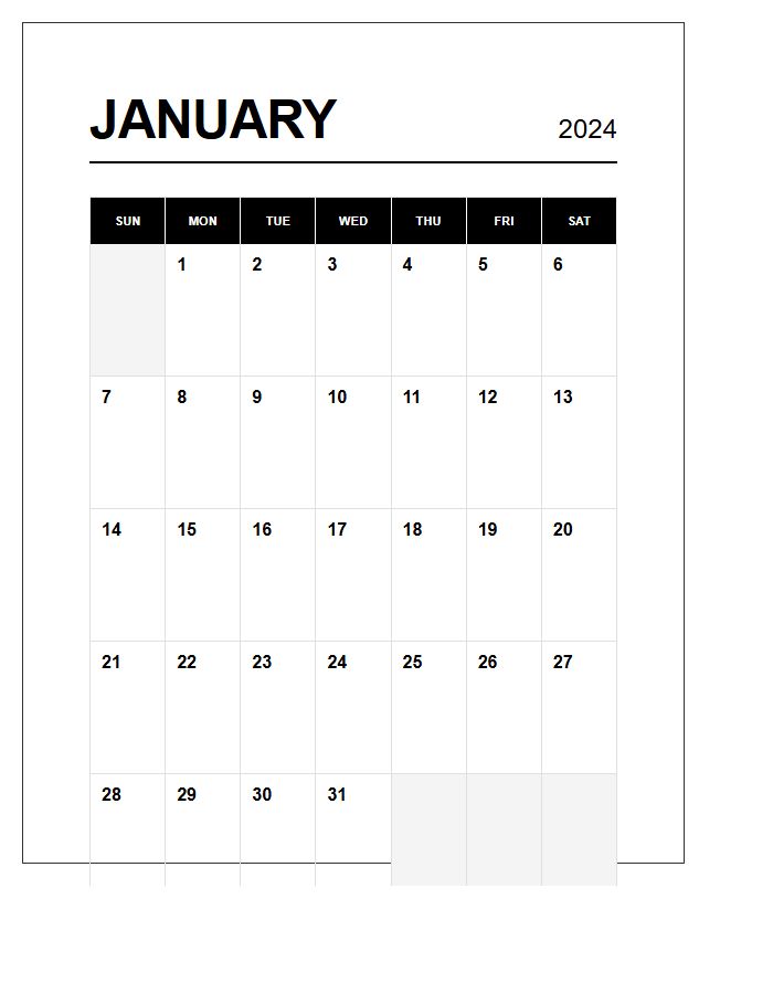 Modern Black And White Calendar Printable Chart