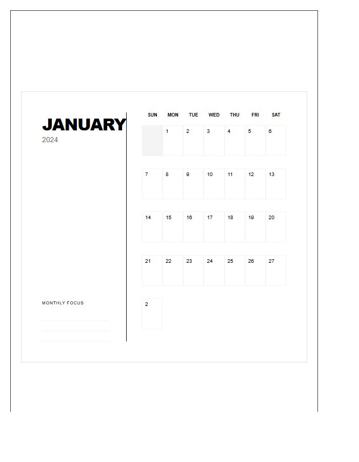 Monochrome Desk Calendar Printable Chart