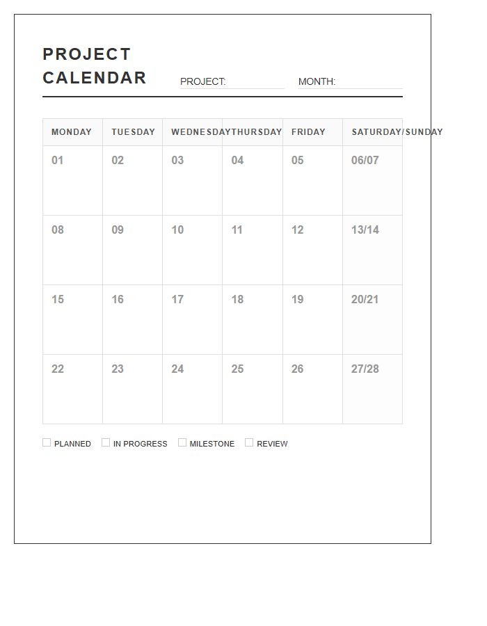 Organized Project Management Calendar Printable Chart