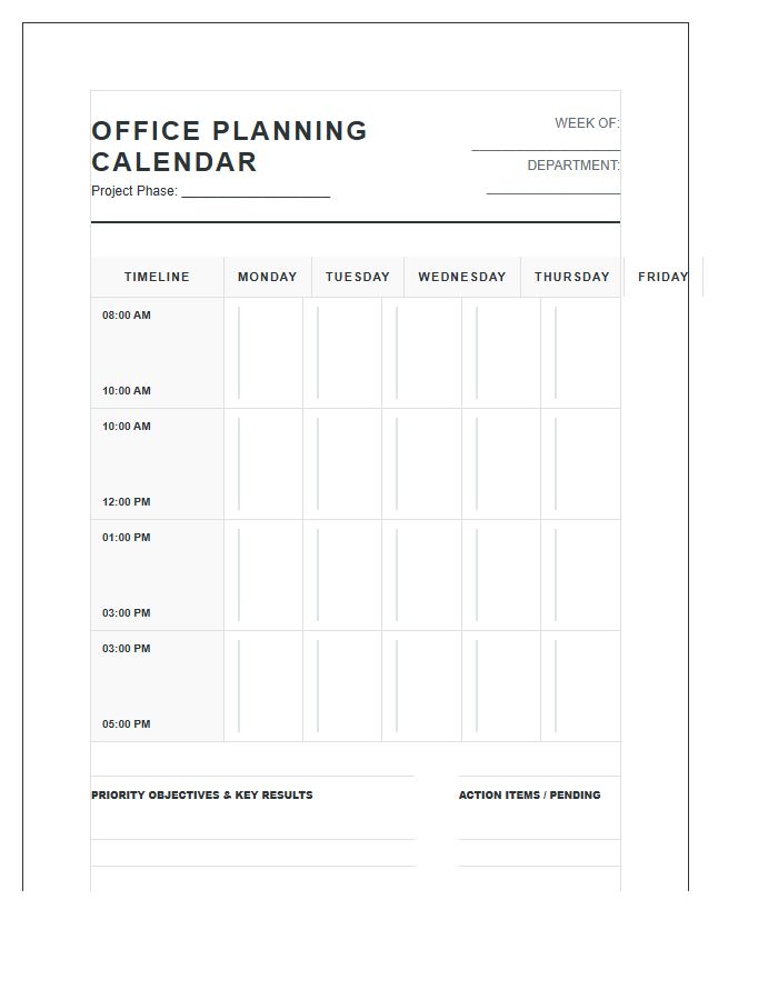 Professional Office Planning Calendar Printable Chart