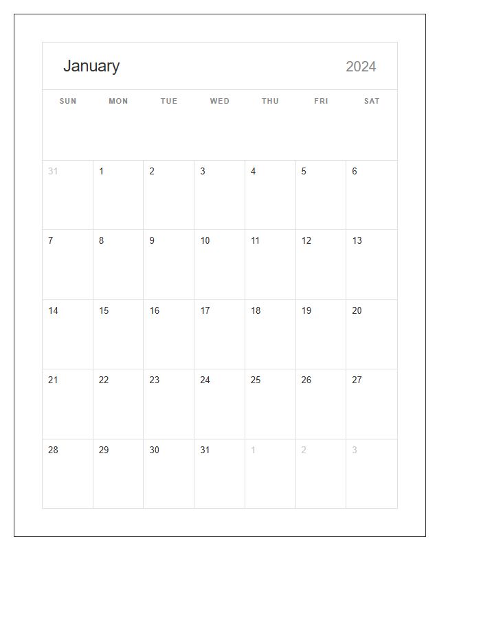 Simple Landscape Format Calendar Printable Chart