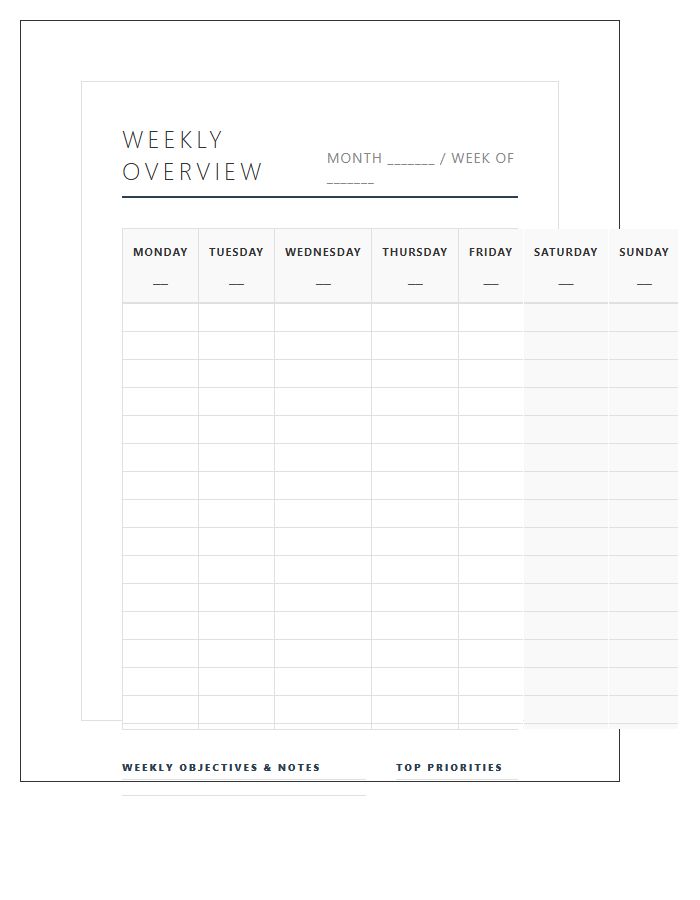 Sophisticated Weekly Overview Calendar Printable Chart