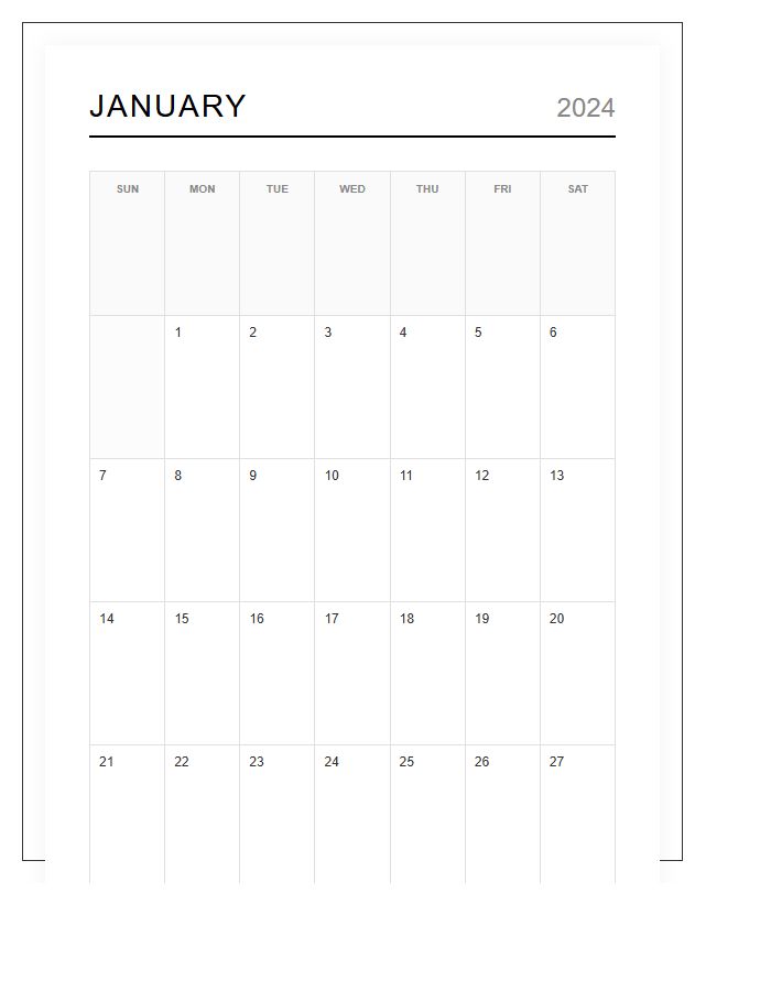 Vertical Portrait Layout Calendar Printable Chart