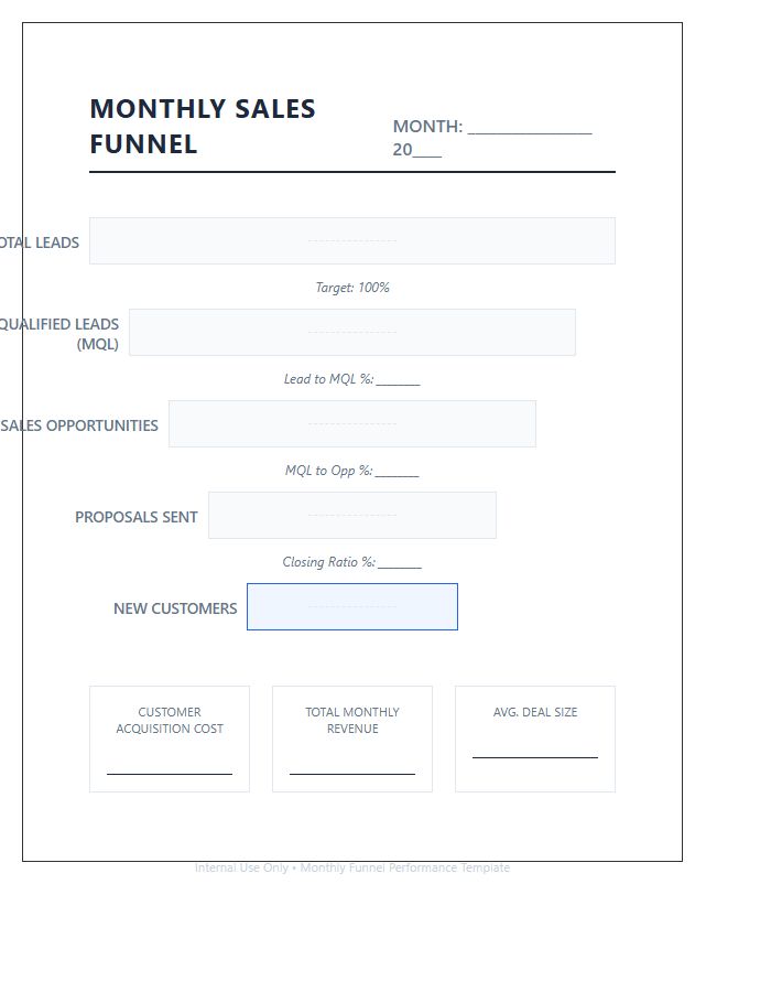 Printable Monthly Lead To Customer Funnel Chart