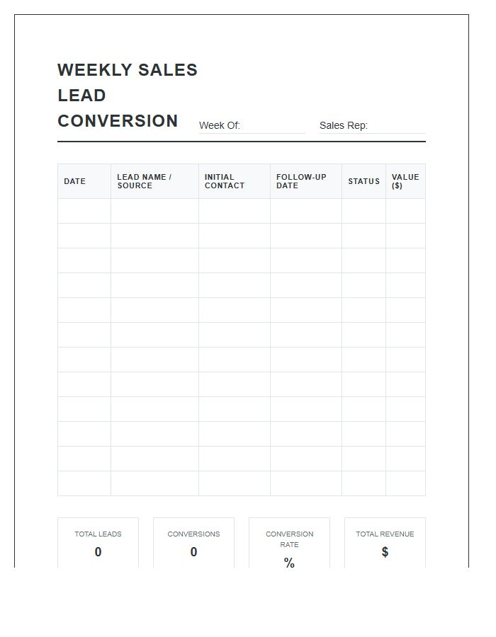 Printable Weekly Sales Lead Conversion Chart