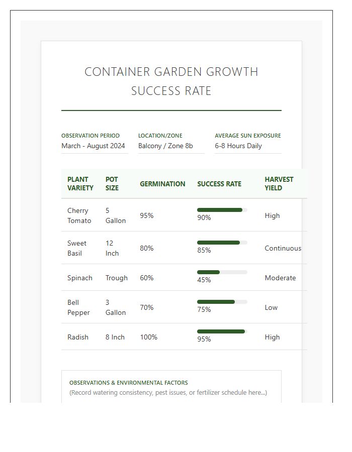 Printable Container Garden Growth Success Rate Chart