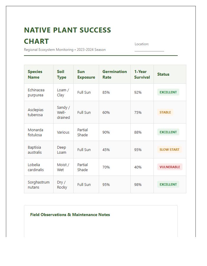 Printable Native Plant Growth Success Rate Chart