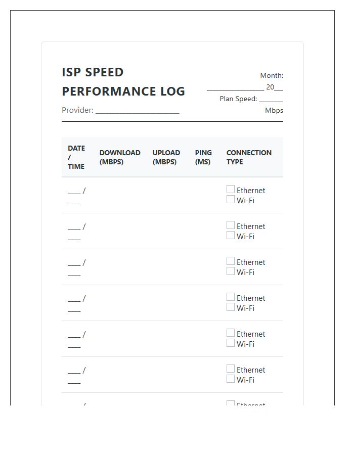Monthly Internet Service Provider Speed Printable Chart