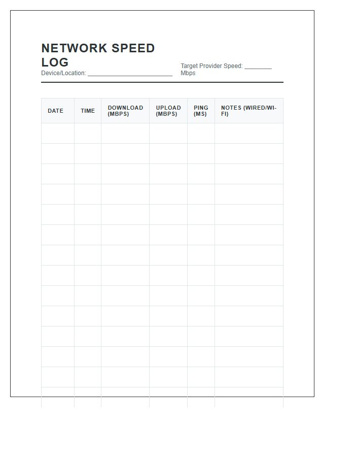 Printable Home Network Speed Test Tracking Chart