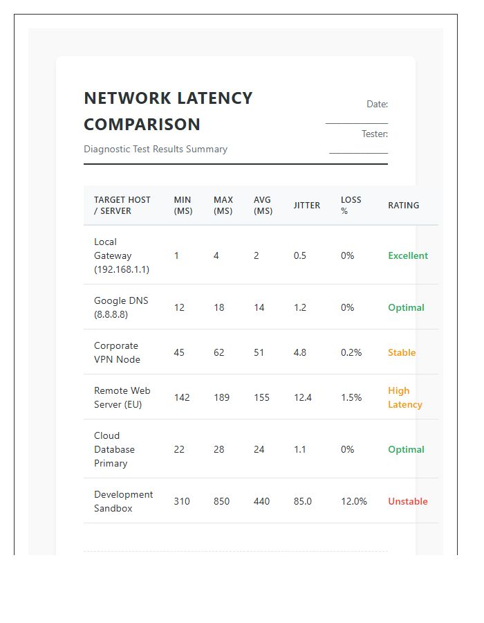 Printable Network Ping And Latency Comparison Chart