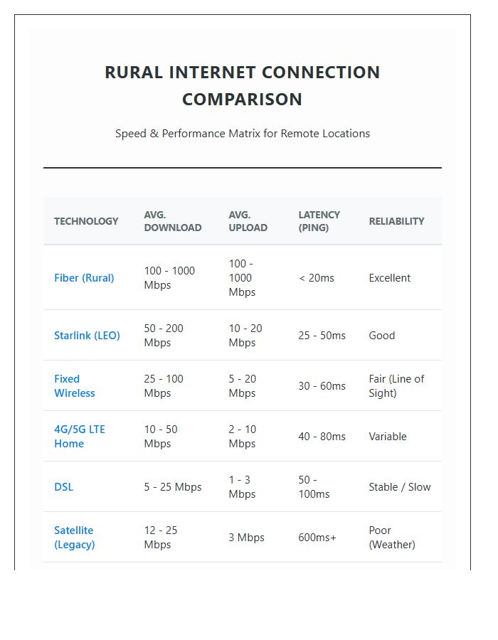 Rural Internet Connection Speed Printable Comparison Chart