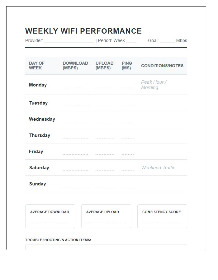 Weekly Wifi Speed Performance Printable Comparison Chart