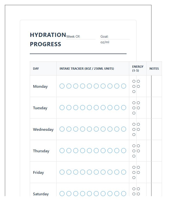 Comprehensive Hydration Progress Tracking Printable Chart