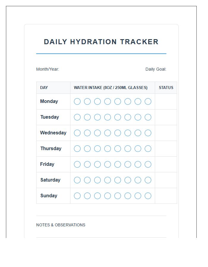 Daily Hydration Levels Tracking Printable Chart