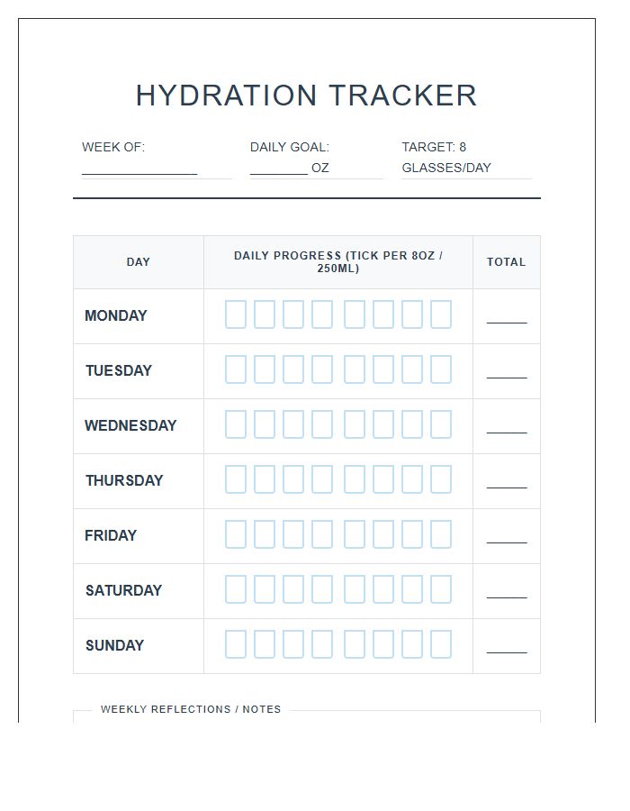 Hydration Goal Achievement Printable Chart