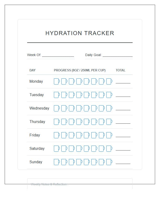 Hydration Progress Tracking Printable Chart