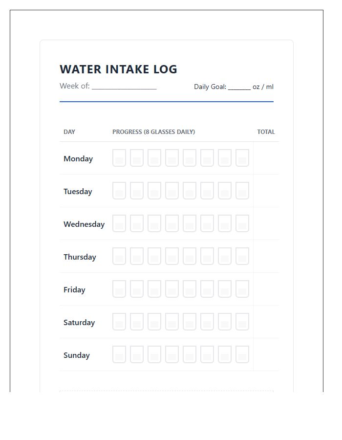 Printable Water Intake Log Progress Chart