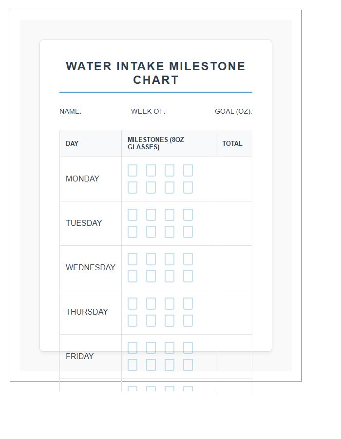 Printable Water Intake Milestone Chart