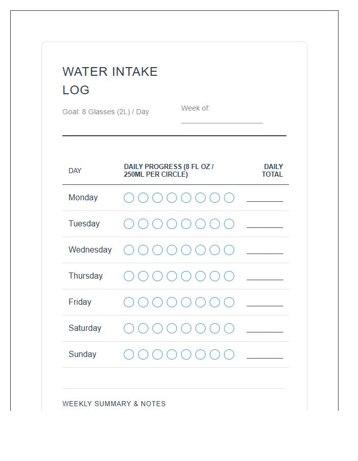 Printable Water Intake Monitoring Chart