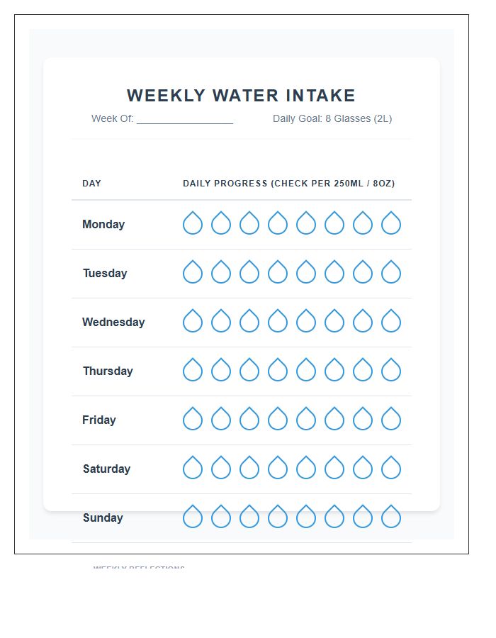 Weekly Water Intake Progress Printable Chart