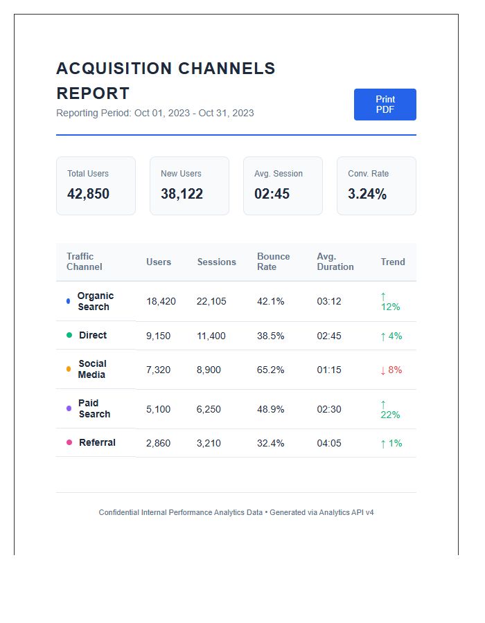 Detailed Website Acquisition Channels Printable Statistics Chart