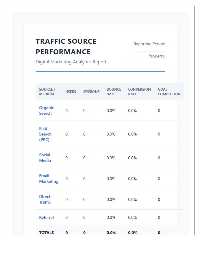 Digital Marketing Performance Printable Traffic Source Chart