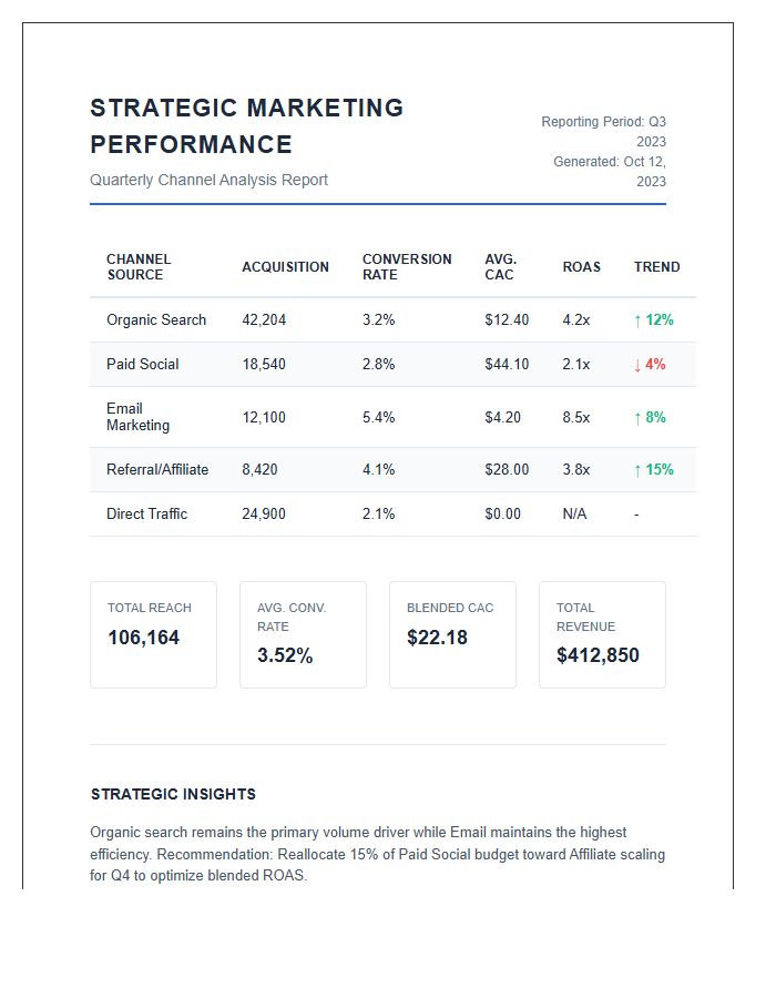 Strategic Marketing Channel Performance Printable Statistics Chart