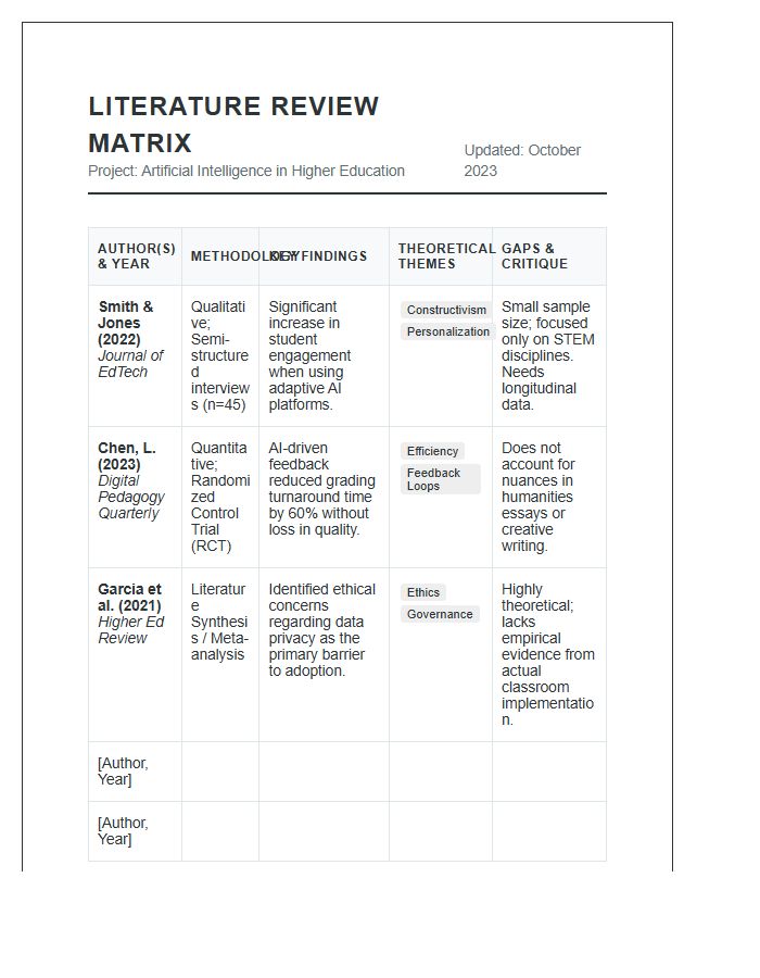 Academic Literature Review Summary Printable Chart