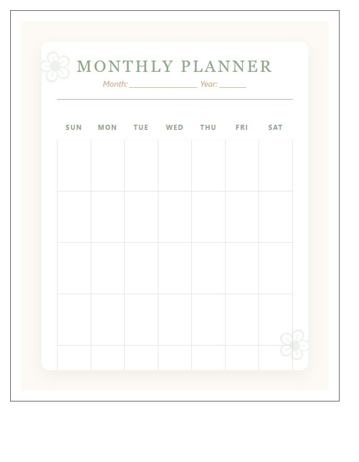 Floral Aesthetic Monthly Printable Calendar Chart