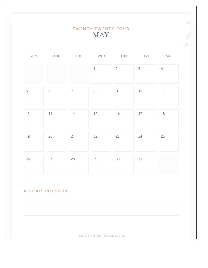 Hand Painted Floral Printable Calendar Chart