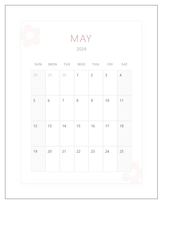 Soft Floral Decorative Printable Calendar Chart