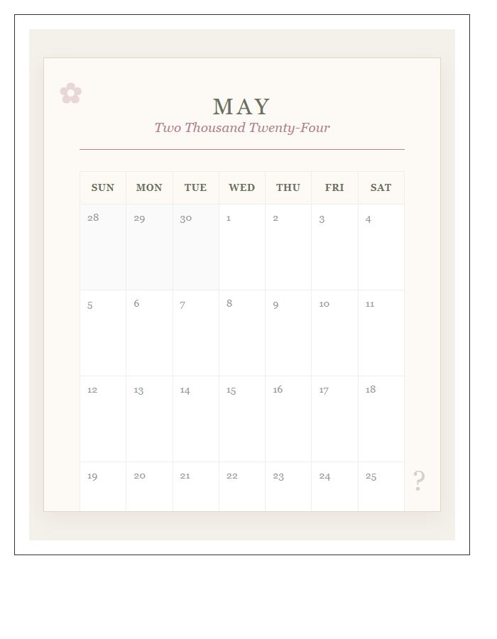 Vintage Floral Wall Printable Calendar Chart
