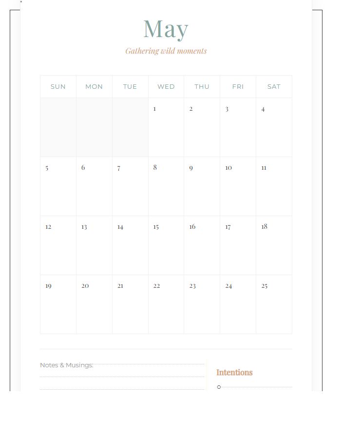 Wildflower Aesthetic Printable Calendar Chart