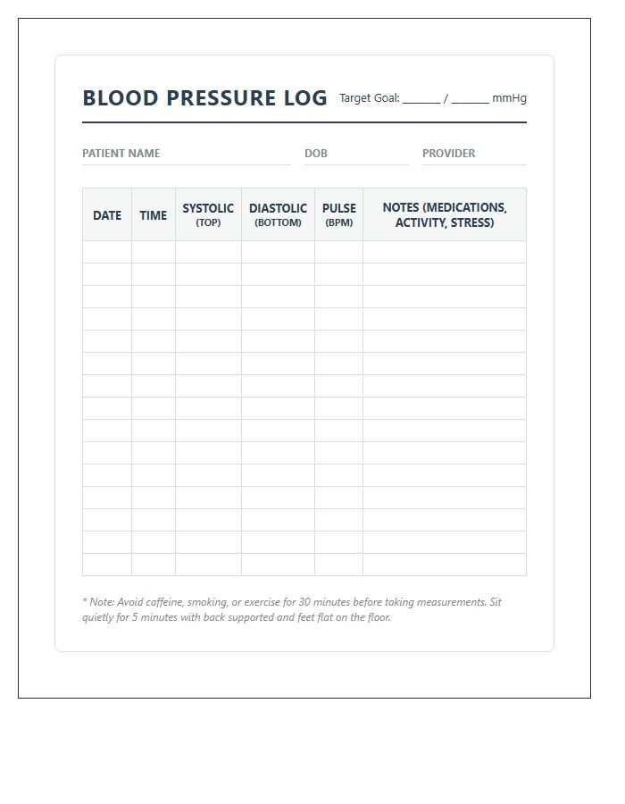 Comprehensive Medical Blood Pressure History Chart Printable