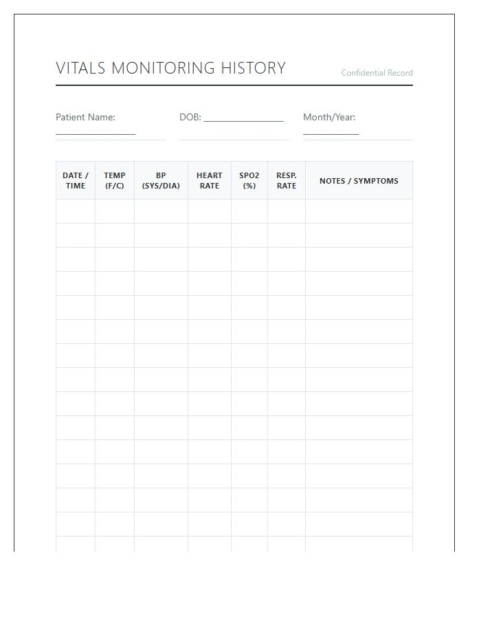 Essential Vitals Monitoring History Chart Printable