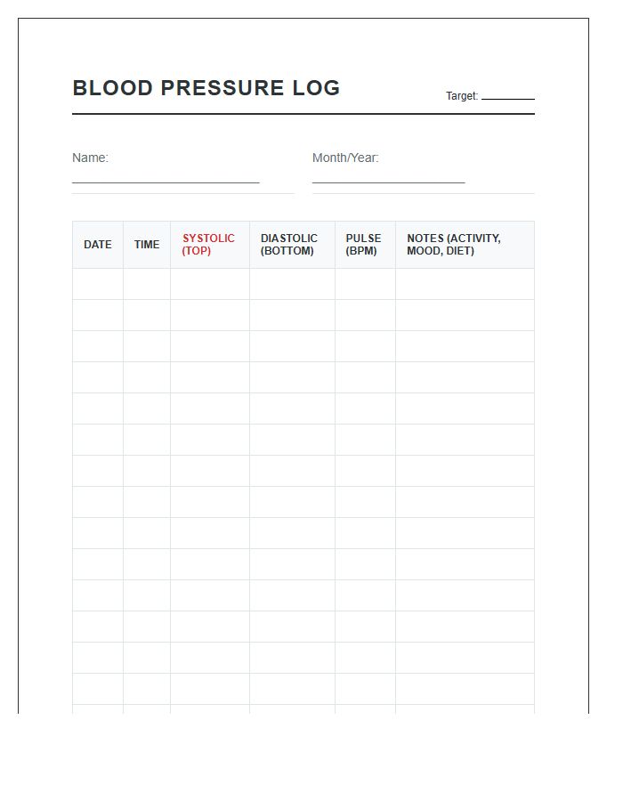 Manual Entry Blood Pressure History Chart Printable